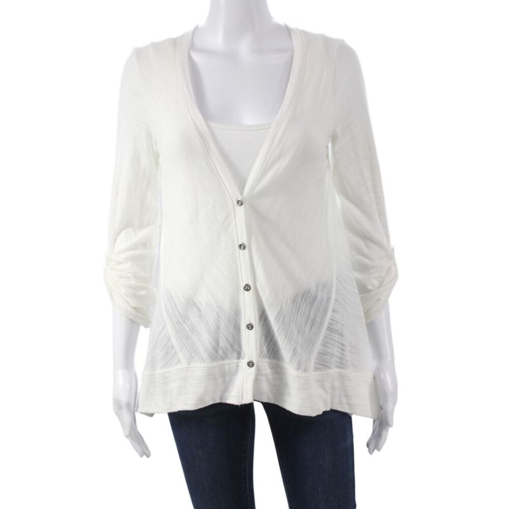 Splendid Womens Cardigan White V-Neck 3/4 Sleeve Button Size M